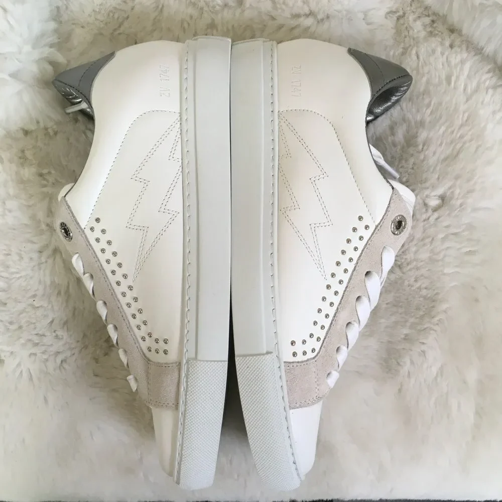 NEW ZADIG & VOLTAIRE White Leather Lightning Bolt Studded Sneakers Size 10